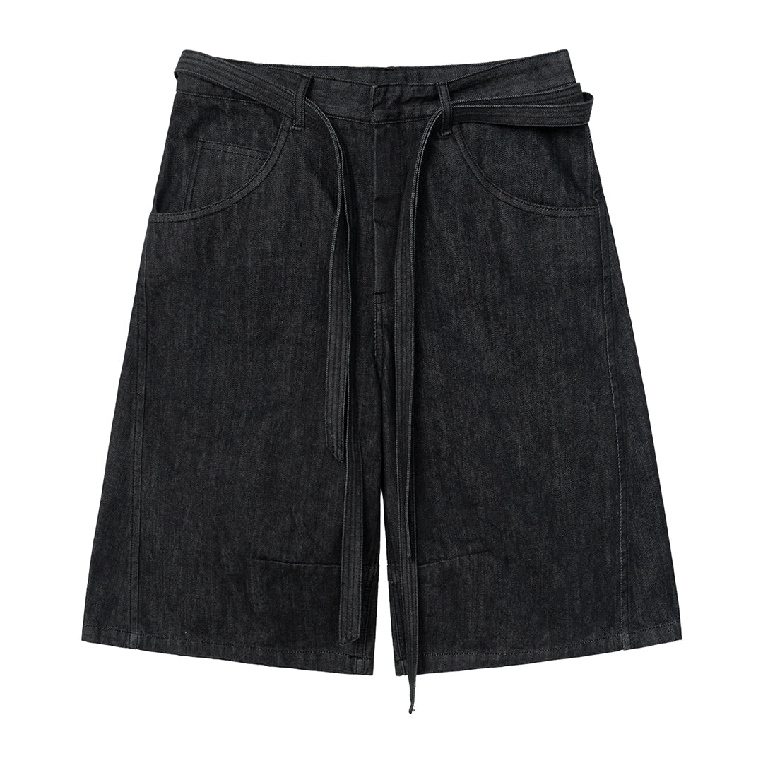 Double Belt Kendo Raw Denim Shorts