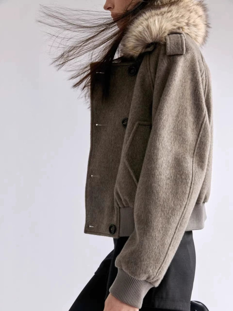 Detachable Fur Collar Double-breasted Cropped Tweed Jacket