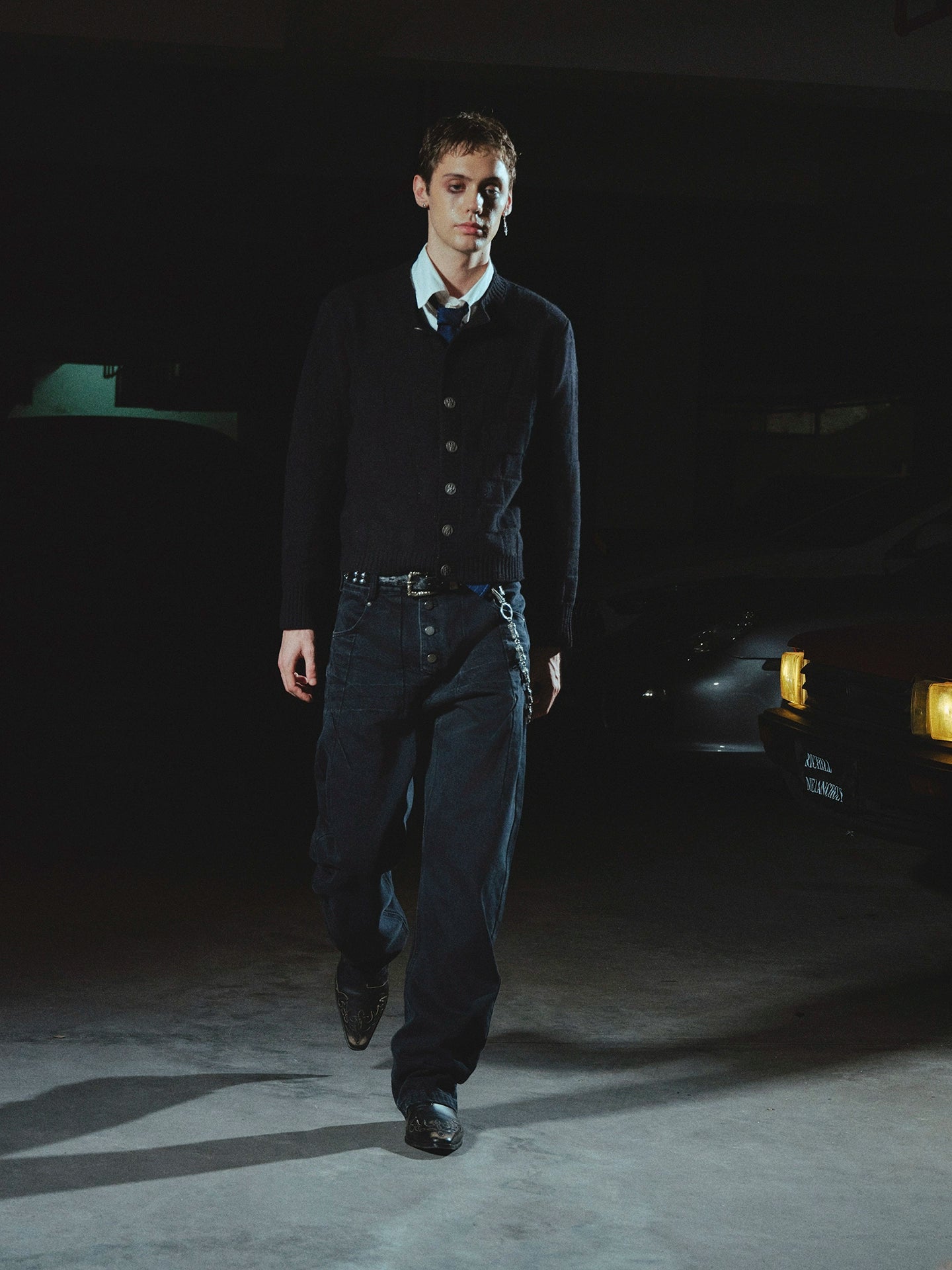 Wool Check Metal Buckle Crew Neck Knit Cardigan