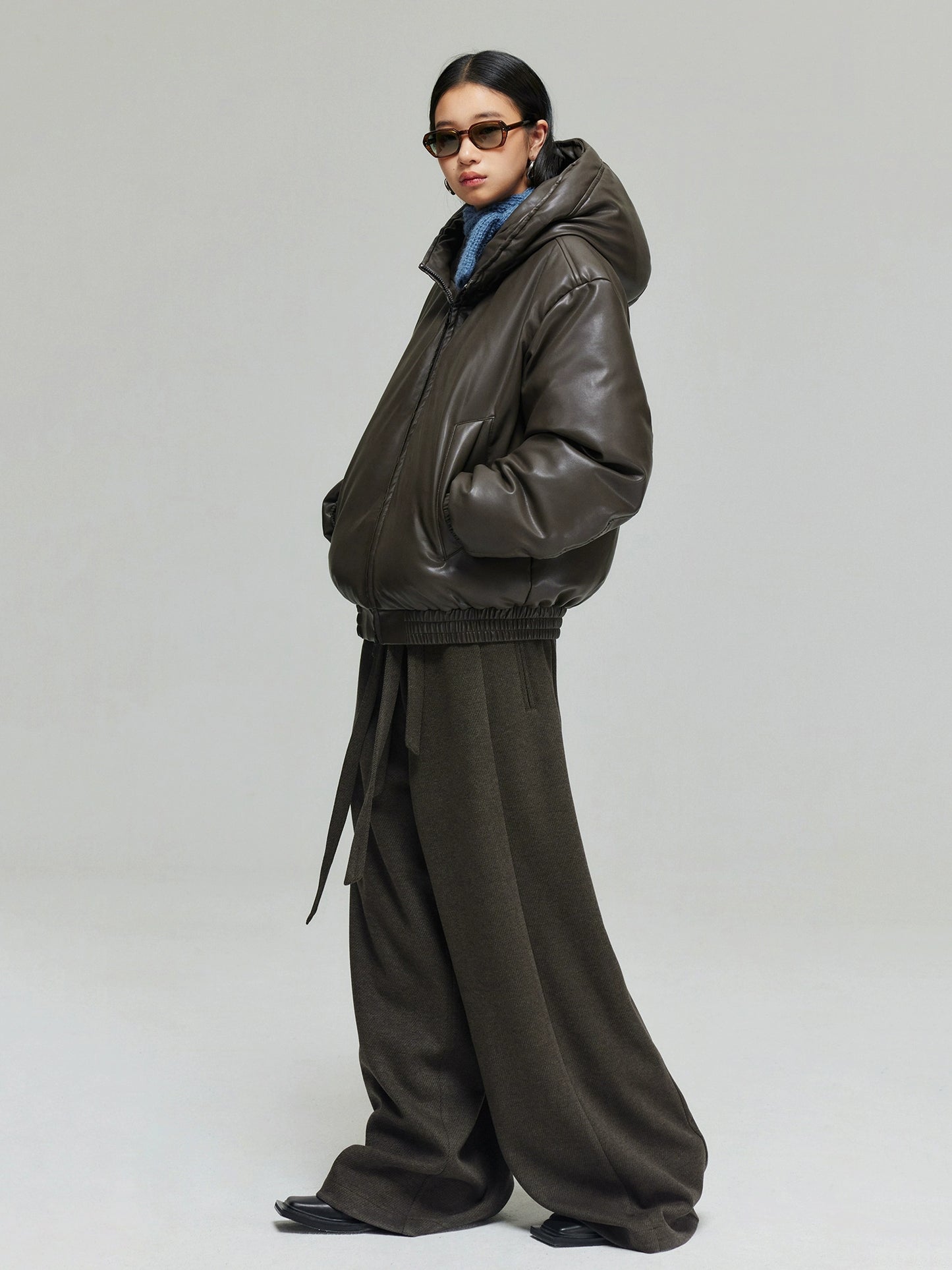 Twisted Wire Hooded Leather Puffer Jacket