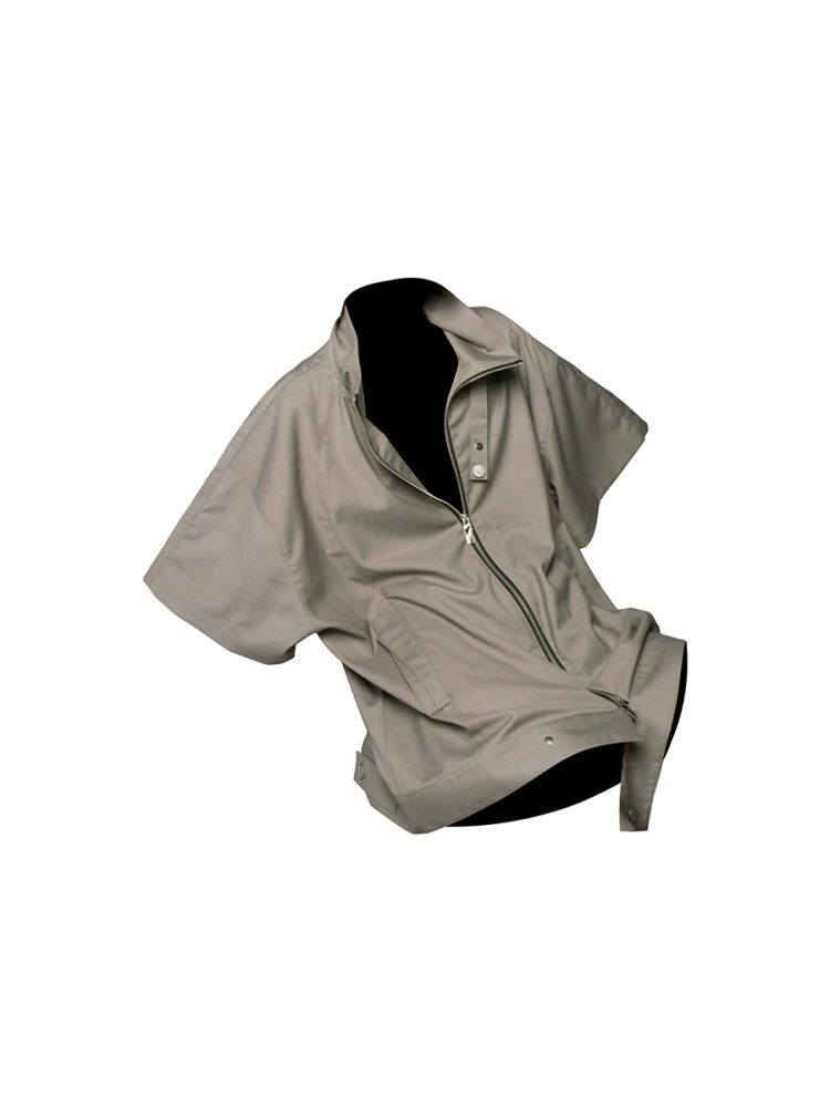 Stand Collar Zip Up Short Sleeve Shirt