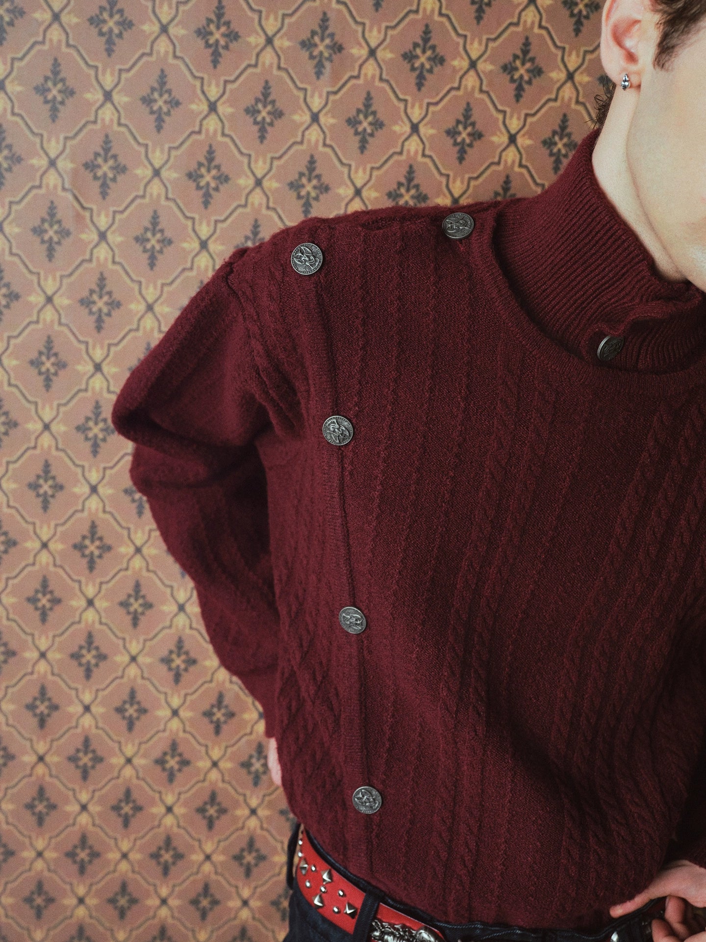 Burgundy Metal Buckle Fencing Turtleneck Knit