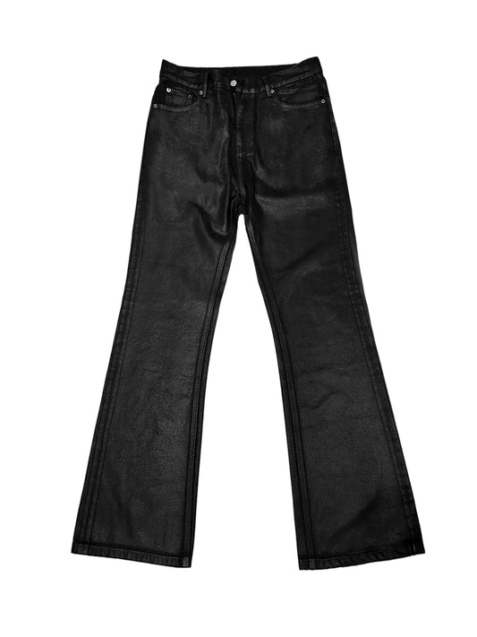 Coated distress bootcut jeans