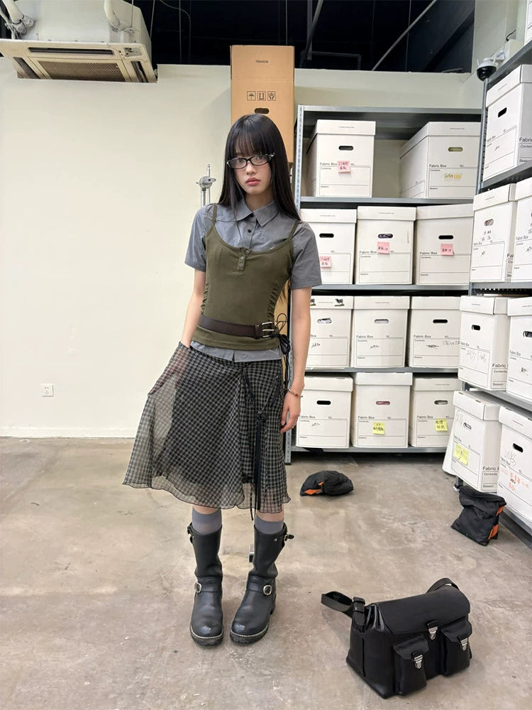 PANELLED DOUBLE-TIERED CHECKED SKIRT