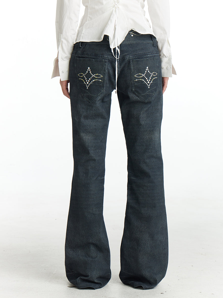 Rhinestone Vintage Pattern Flared Jeans