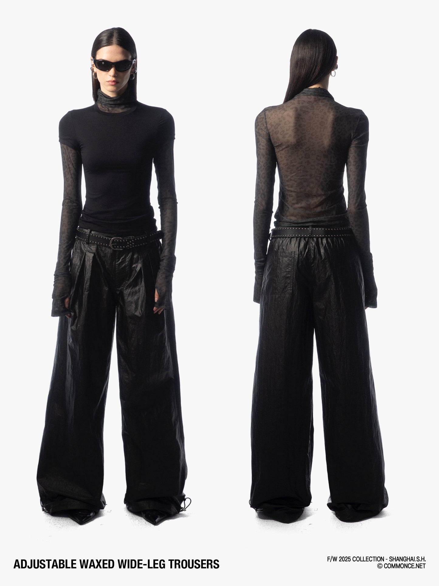 Drawstring elastic waist oil-coated wide-leg pants