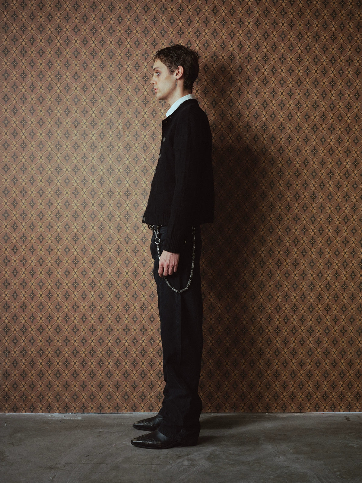 Wool Check Metal Buckle Crew Neck Knit Cardigan