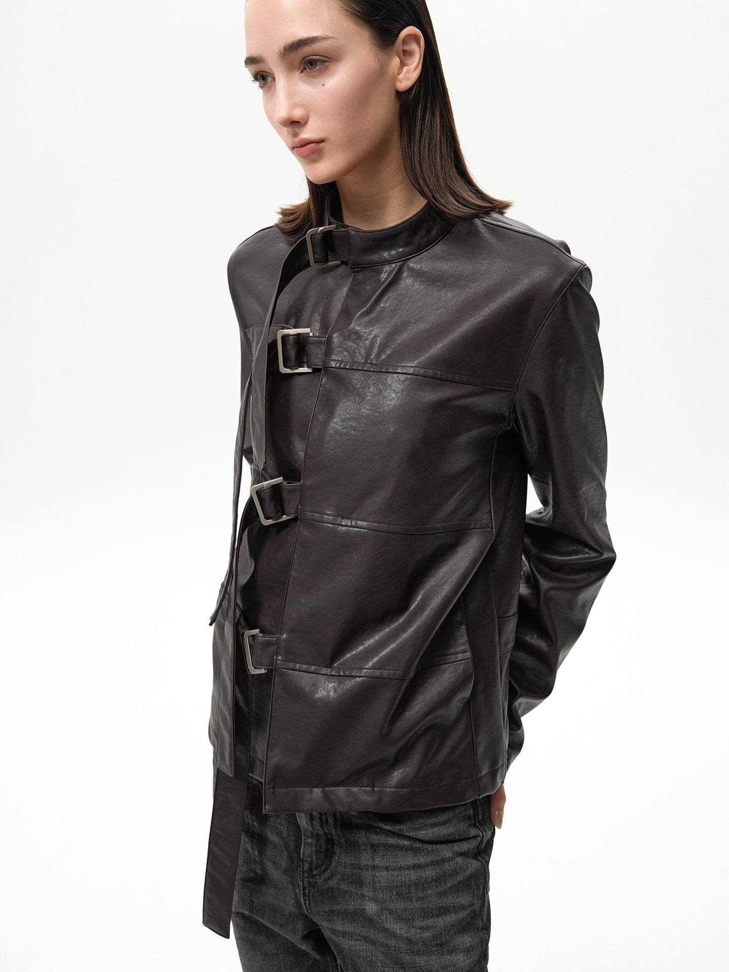 Turtleneck Asymmetrical Leather Jacket