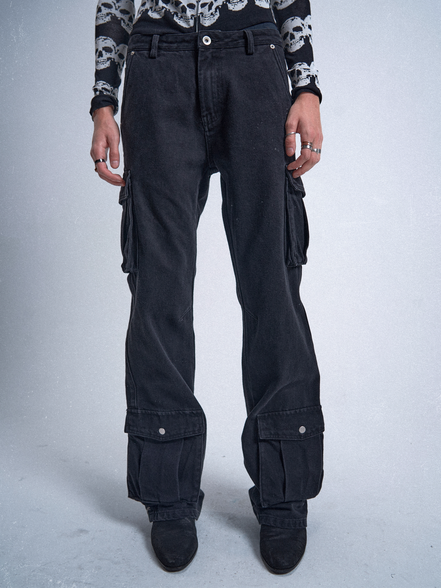 embroidered black distressed washed slim-fit bootcut denim overalls