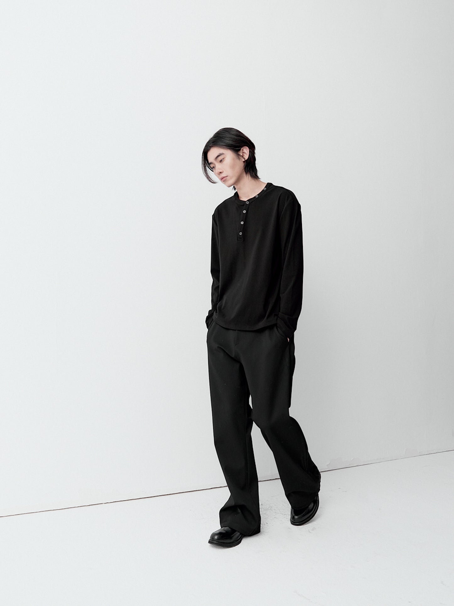 Henry collar asymmetrical long-sleeve T-shirt