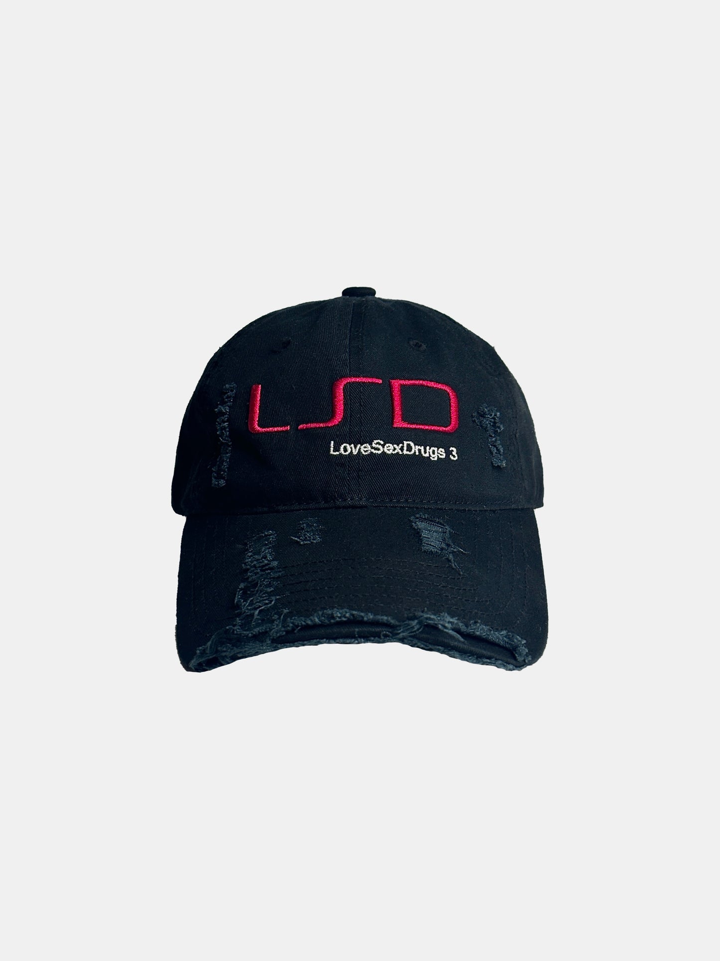 DISTRESSED WASHED BLACK HEAVILY EMBROIDERED LSD CAP