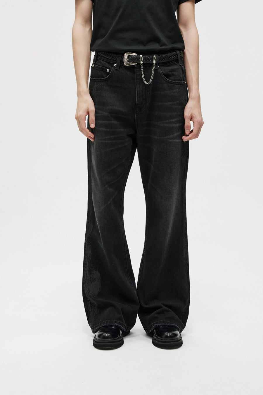 BLACK COATED BOOTCUT JEANS