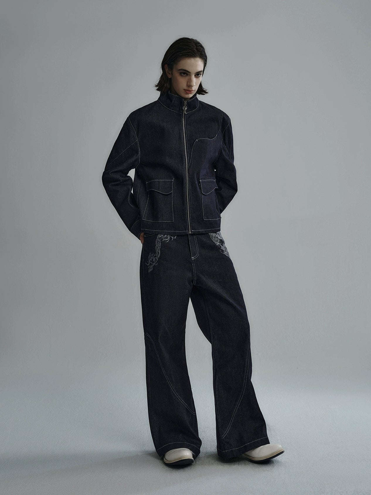 "Snake Trace" raw jacquard panel bootcut jeans