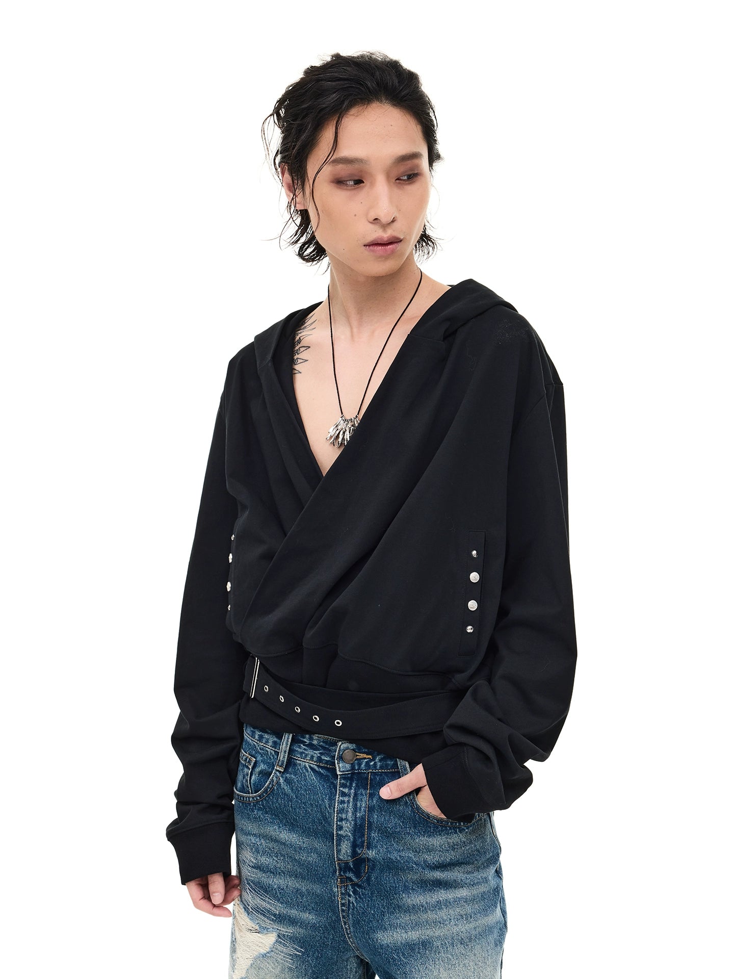 Drawstring V Neck Hoodie