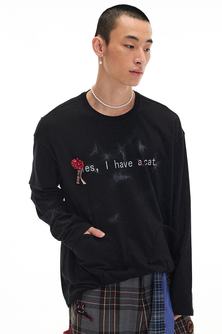 "I have a cat" loose dropped shoulder long-sleeve T-shirt