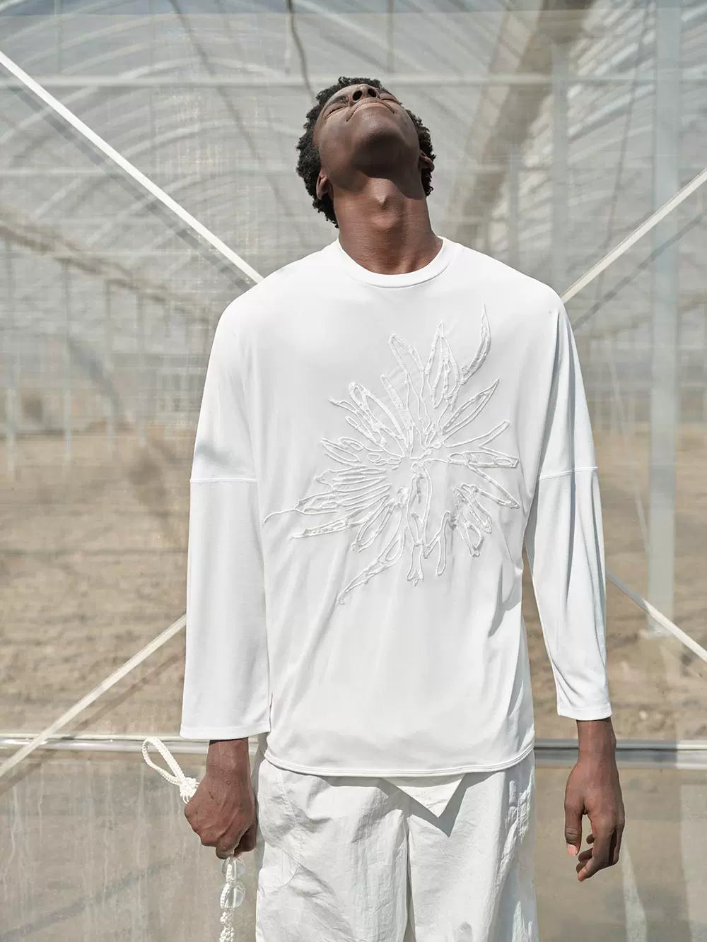mesh embroidery double layer long-sleeve t-shirt
