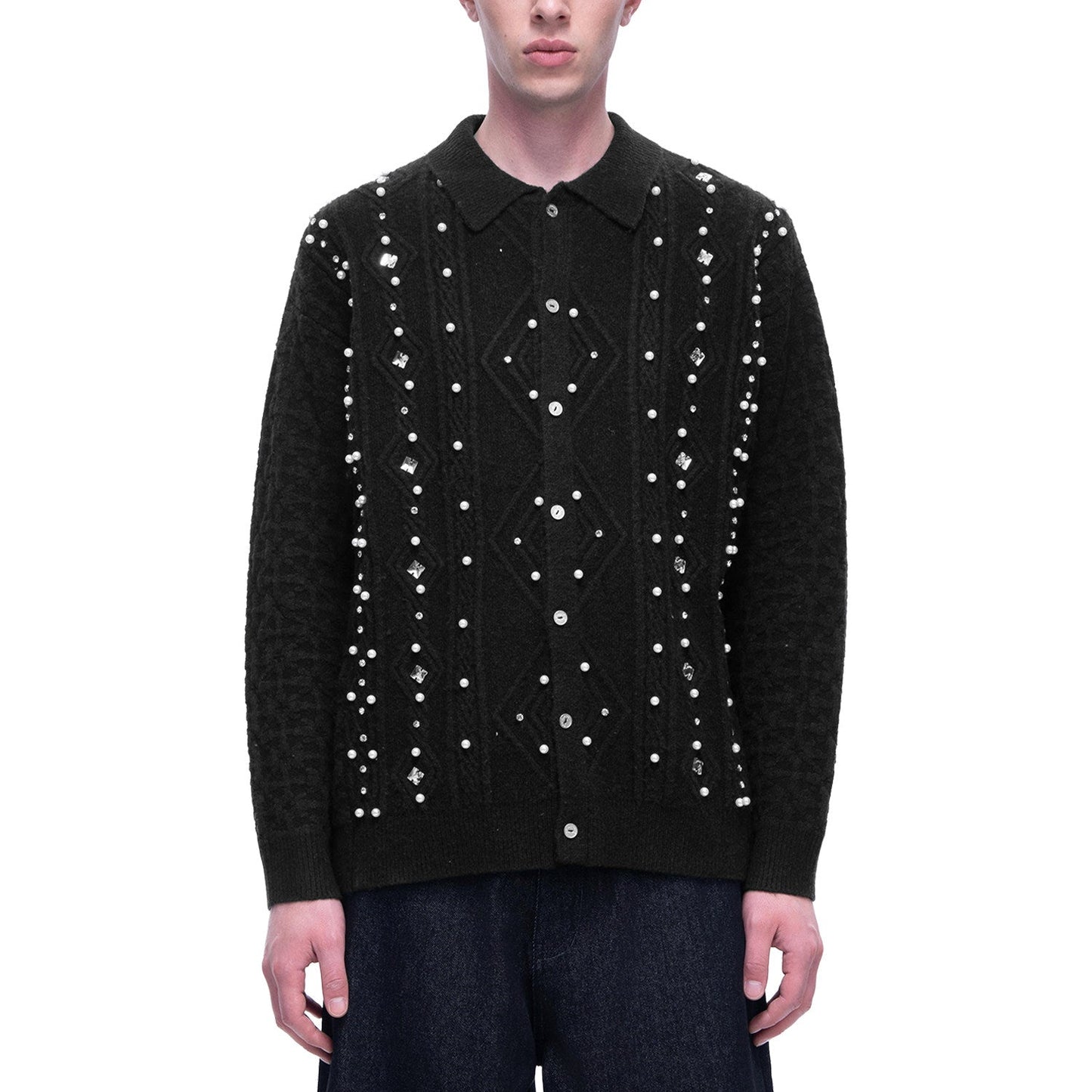 Moon pearl gemstone lapel sweater
