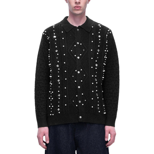 Moon pearl gemstone lapel sweater