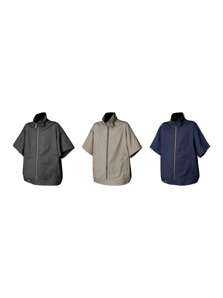 Stand Collar Zip Up Short Sleeve Shirt