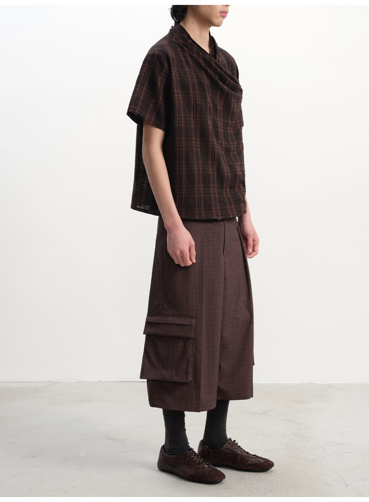 Pleated cross-neck plaid short sleeve t-shirts