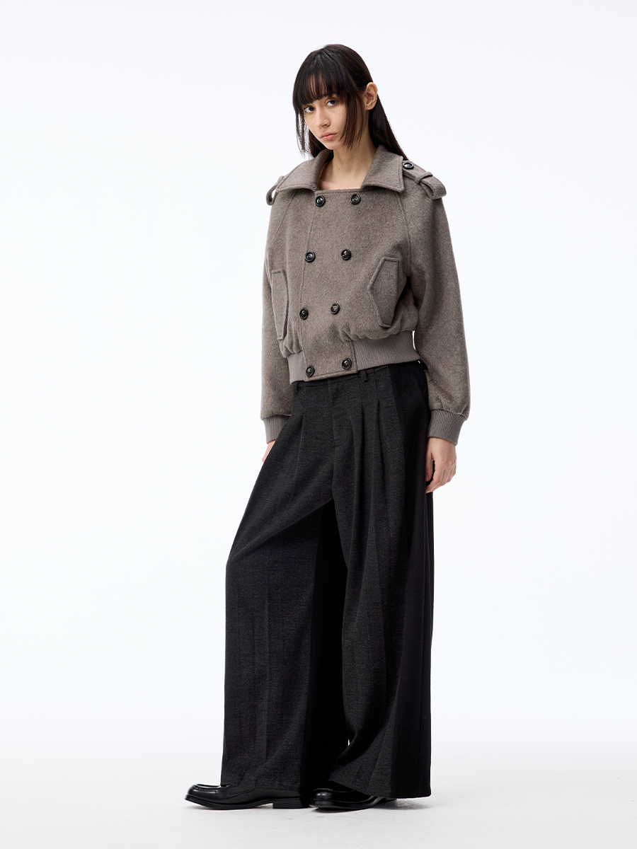 Paneled Pleated Straight Wool Trouer