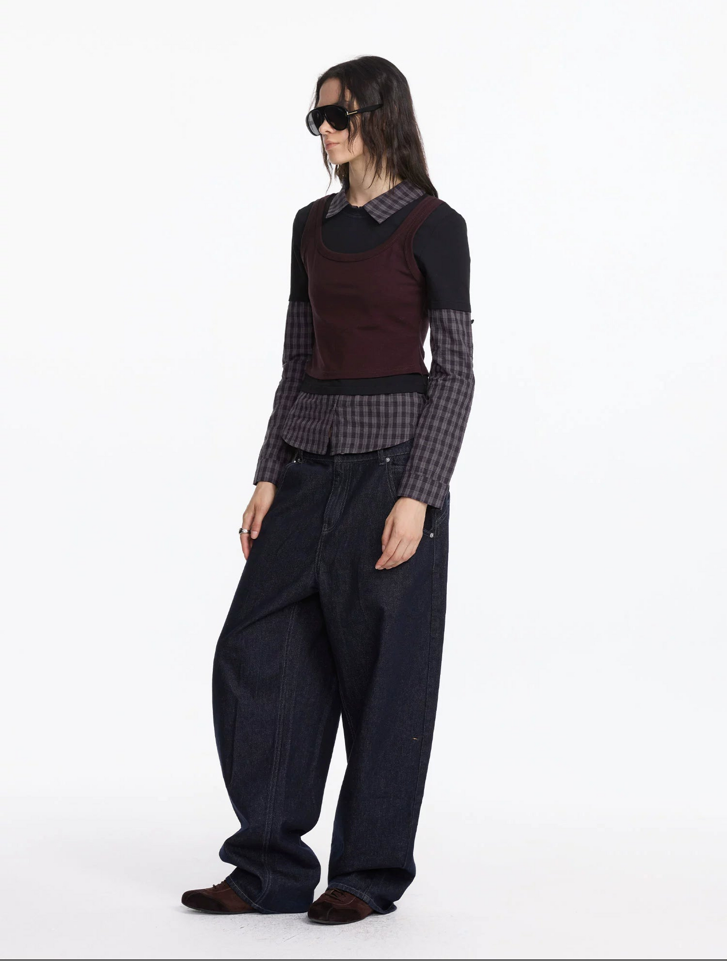 Fake Layered Plaid Polo Long Sleeve T-shirt