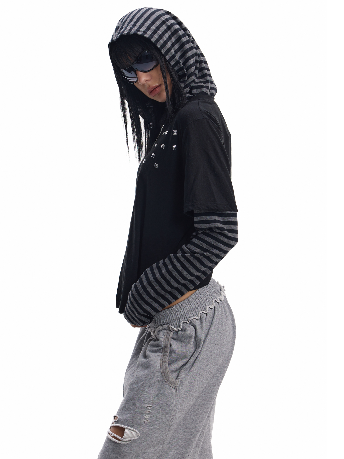 Hooded fake layered striped long sleeve