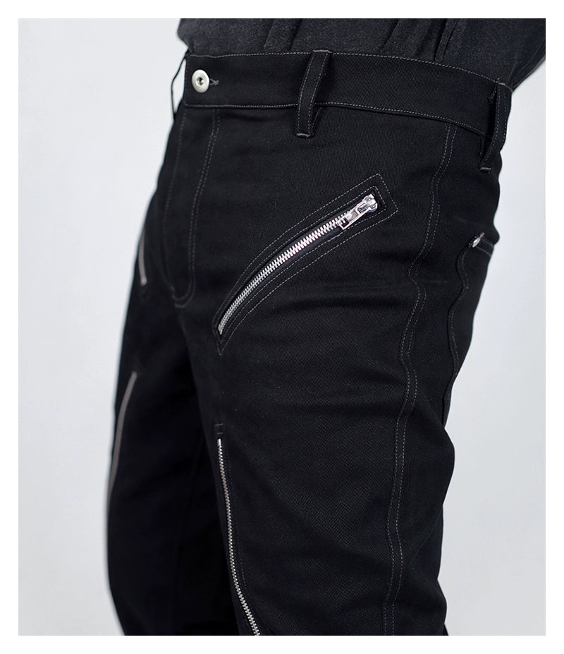 washed slim zipper flared trousers