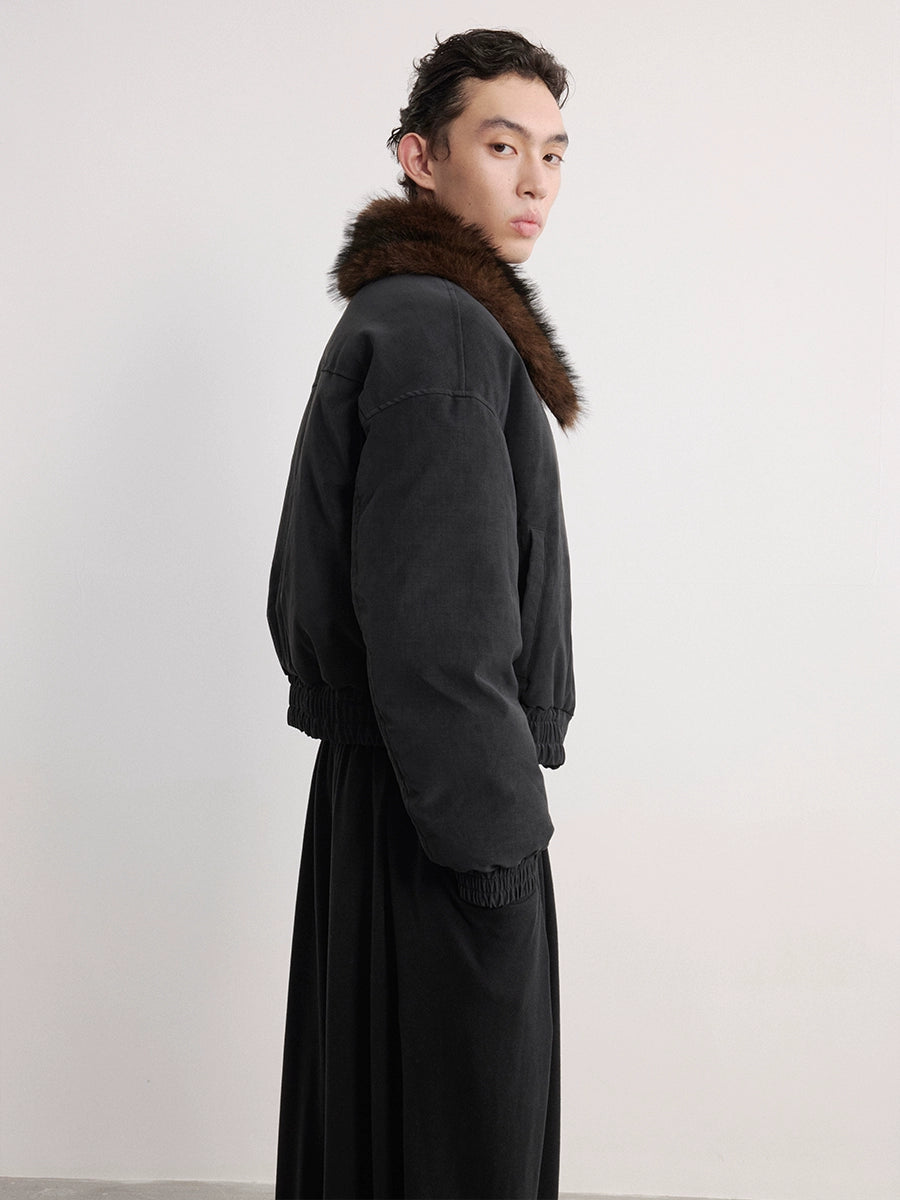 Distressed Wool Collar Down Jacket