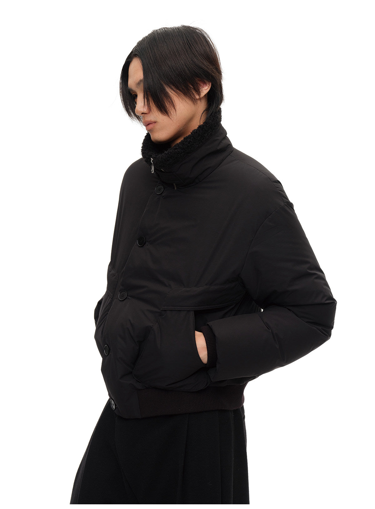 Fur Collar Slip Pocket Buttoned Down Jacket