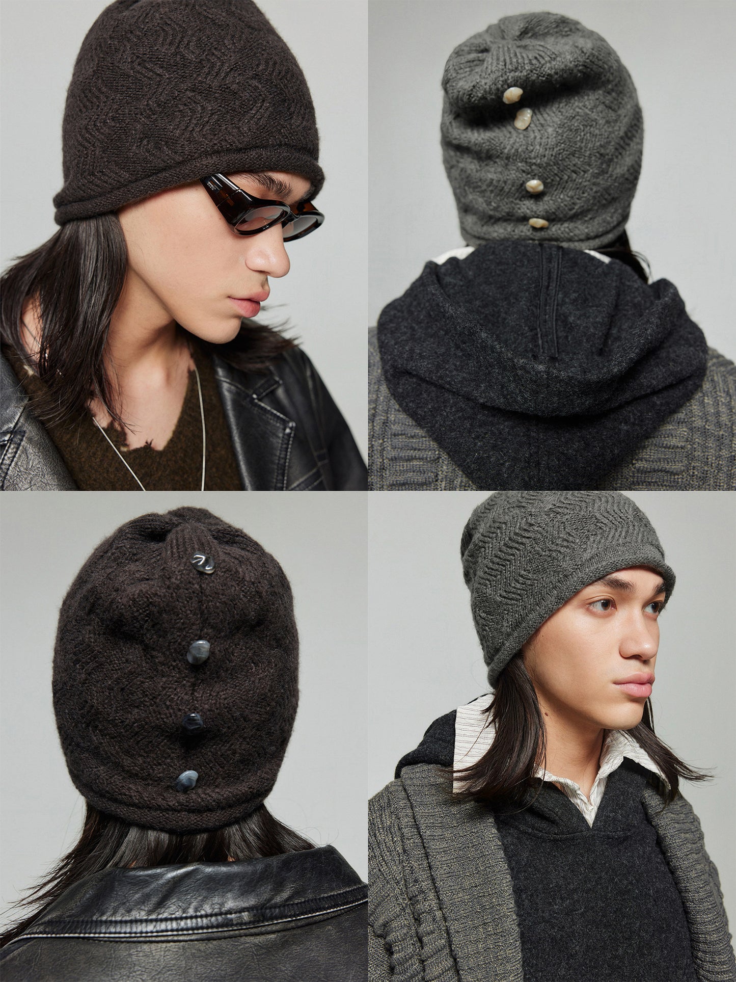 Button-up trim stacked wool knit beanie