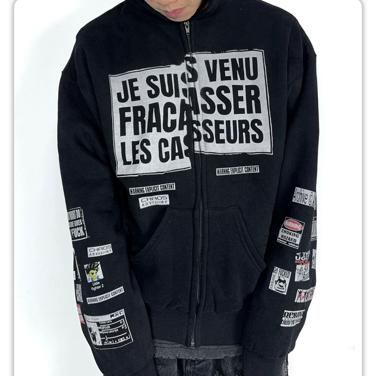 CSONLINEllc Sticker Distressed Print Fleece Heavy Zip Hoodie