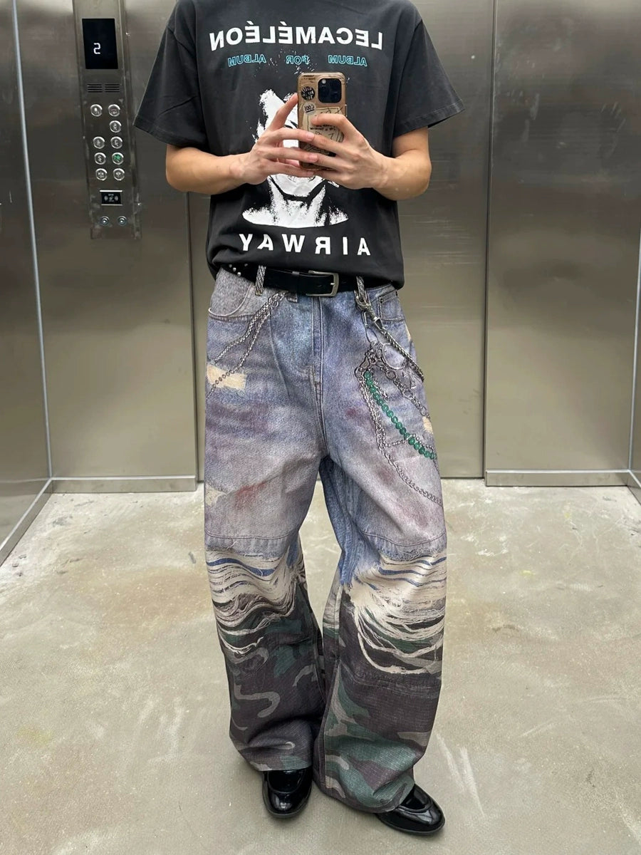3D Print Camouflage Layered Jeans