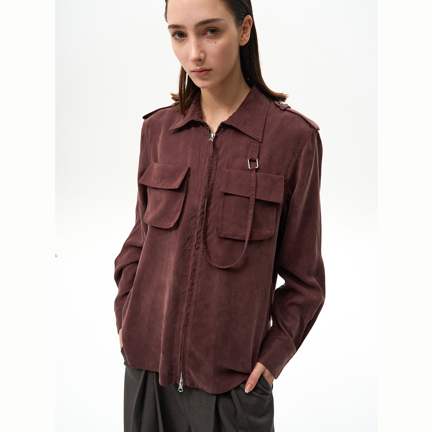 Zipper Military Long Sleeve Shirt