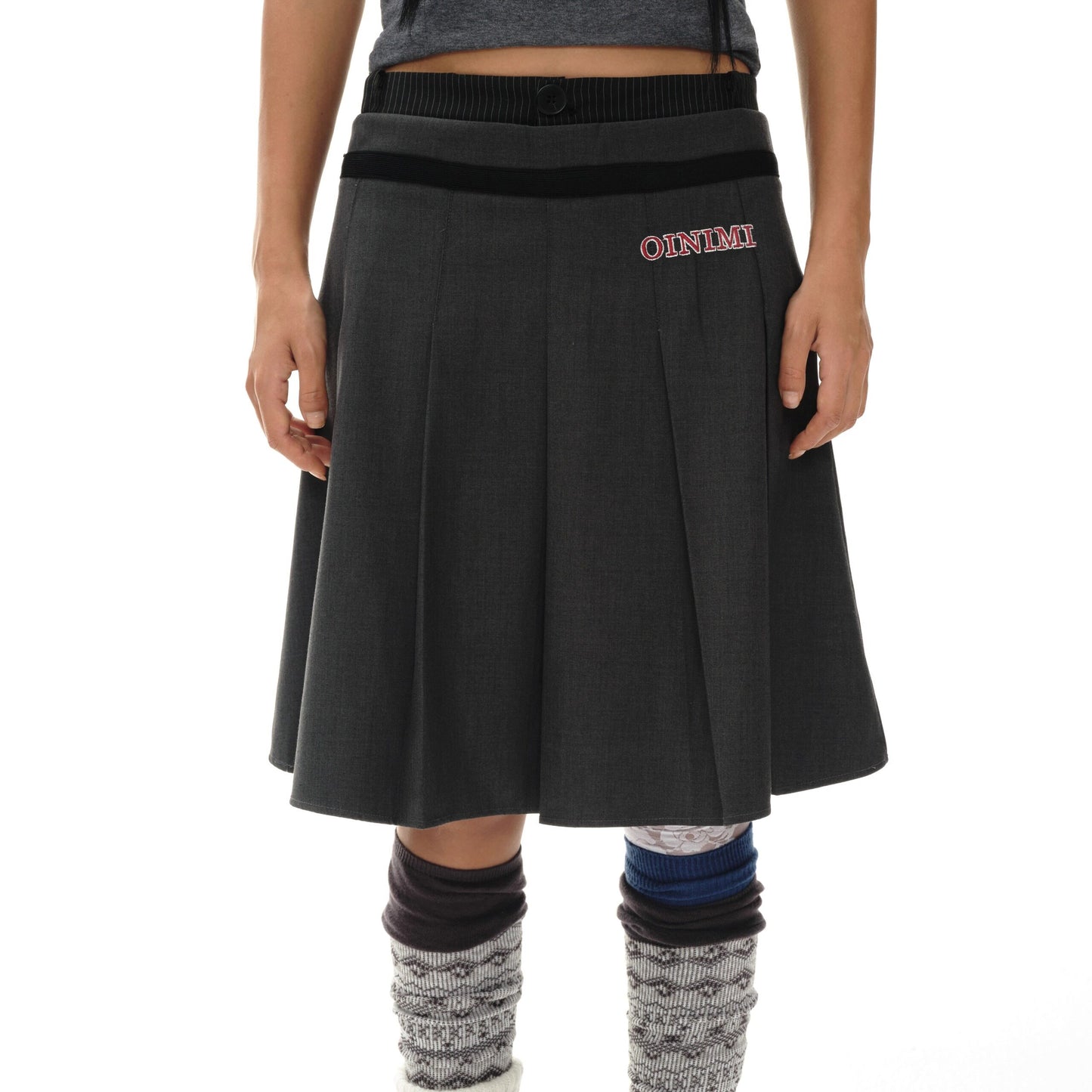 double waistband gray suit pleated skirt