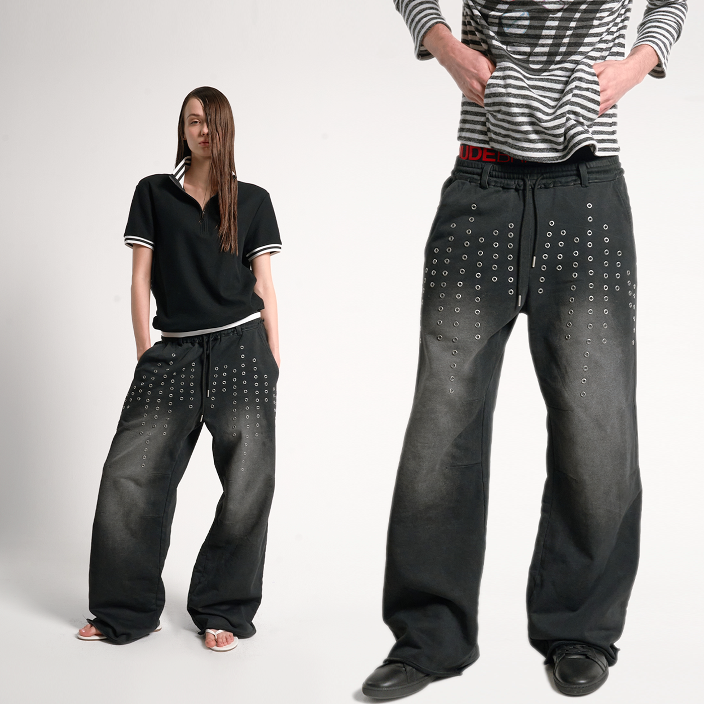 Hollow rivets washed baggy distressed sweatpants