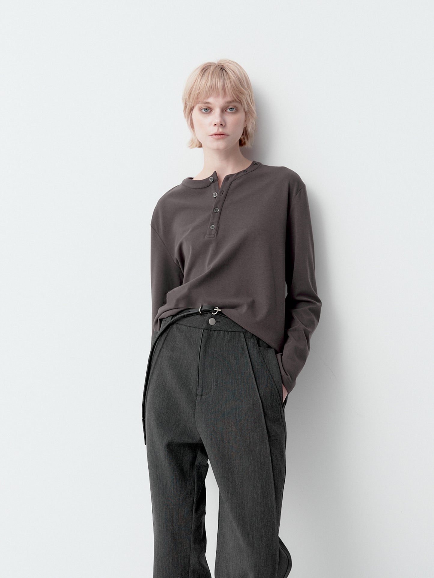 Henry collar asymmetrical long-sleeve T-shirt