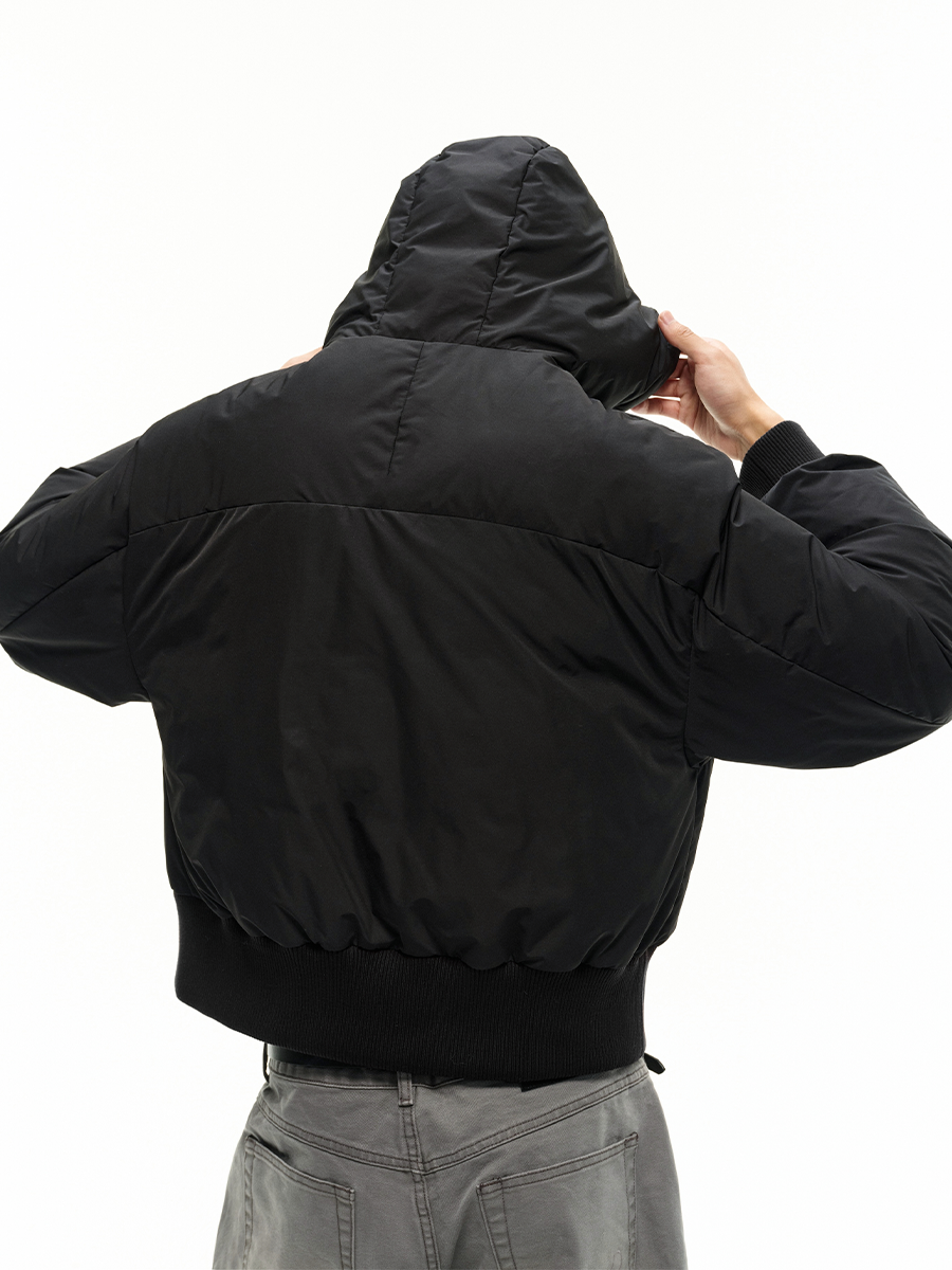 Diagonal hooded duck down jacket