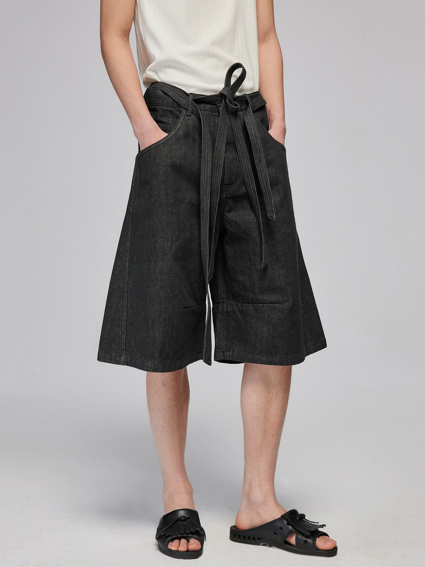 Double Belt Kendo Raw Denim Shorts