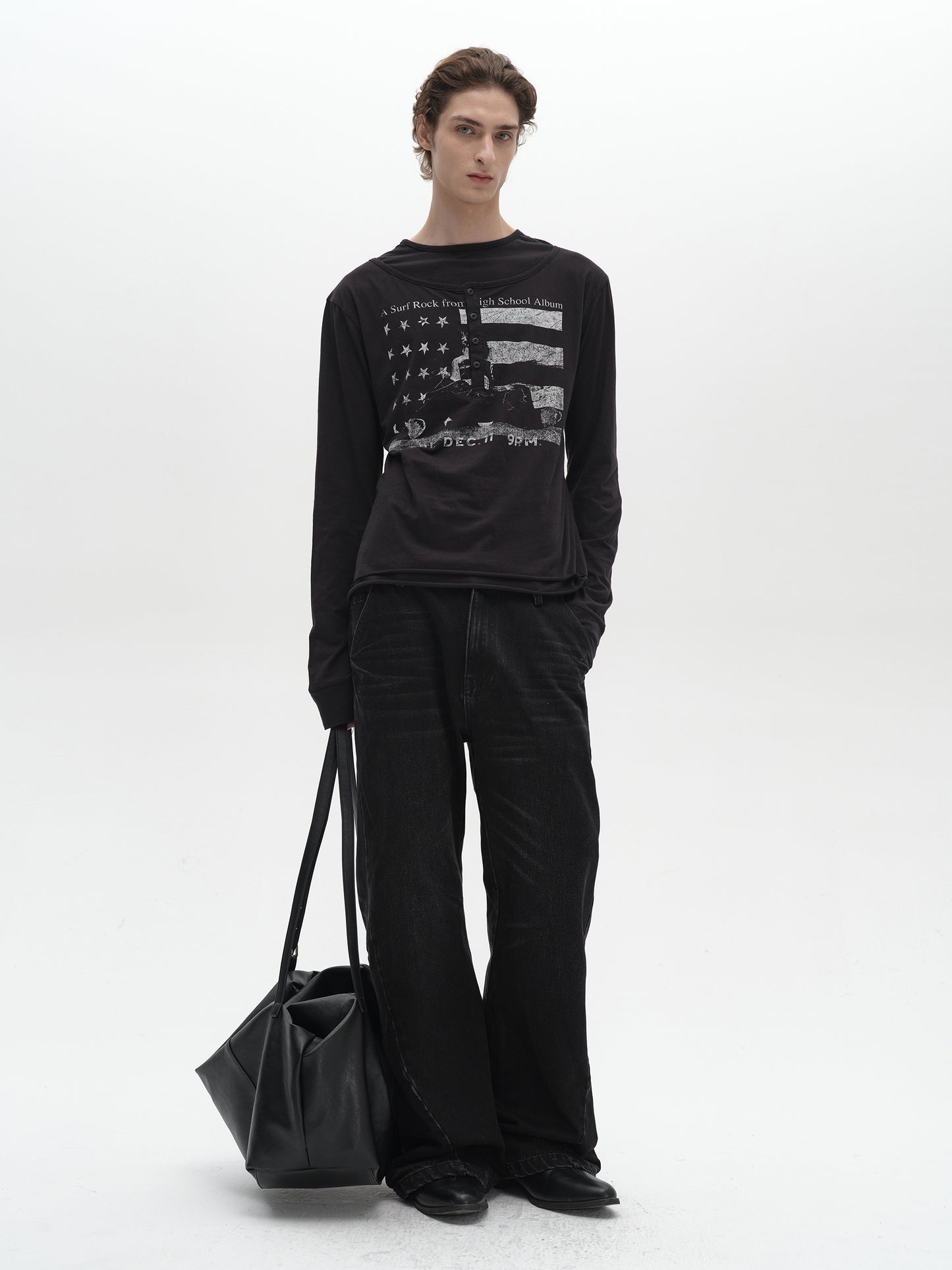Button Collar Fake layered Star Chess Long Sleeve t-shirt