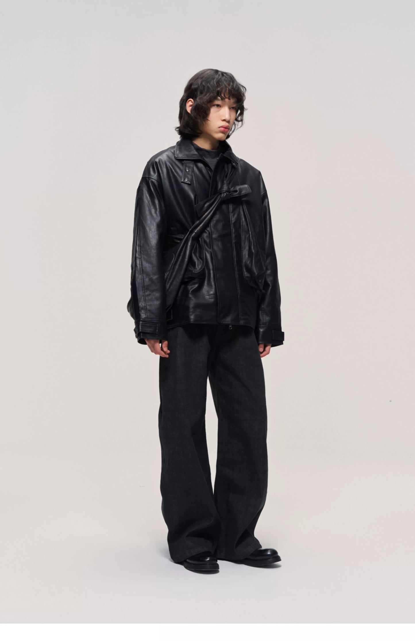 Washed Stand-Collar Leather Jacket