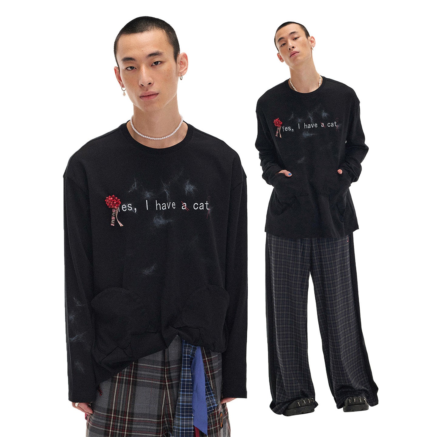 "I have a cat" loose dropped shoulder long-sleeve T-shirt
