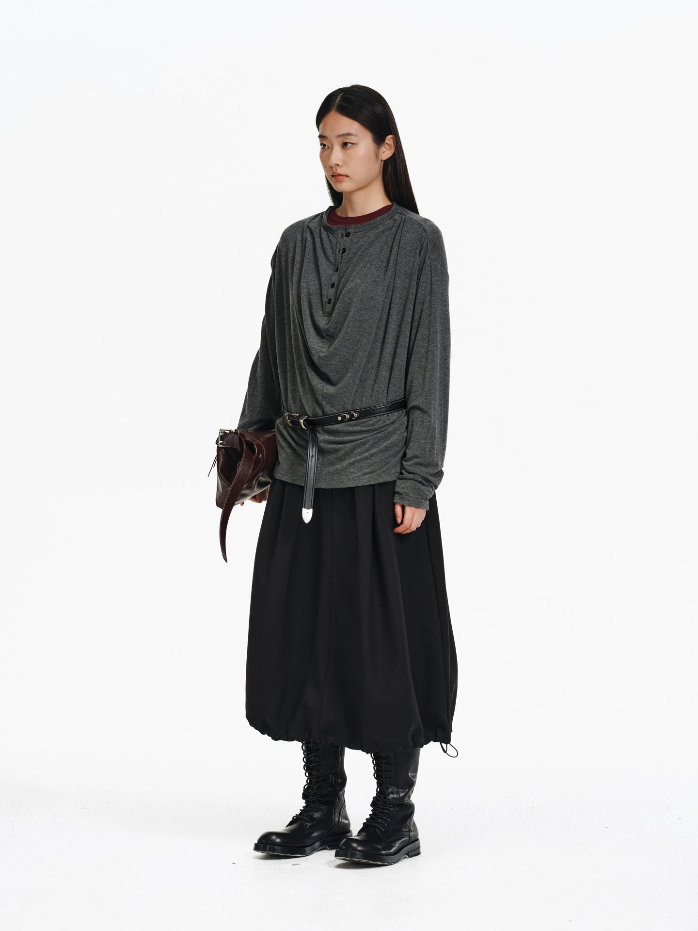 3D Pleats Draped Long Sleeve T-shirt