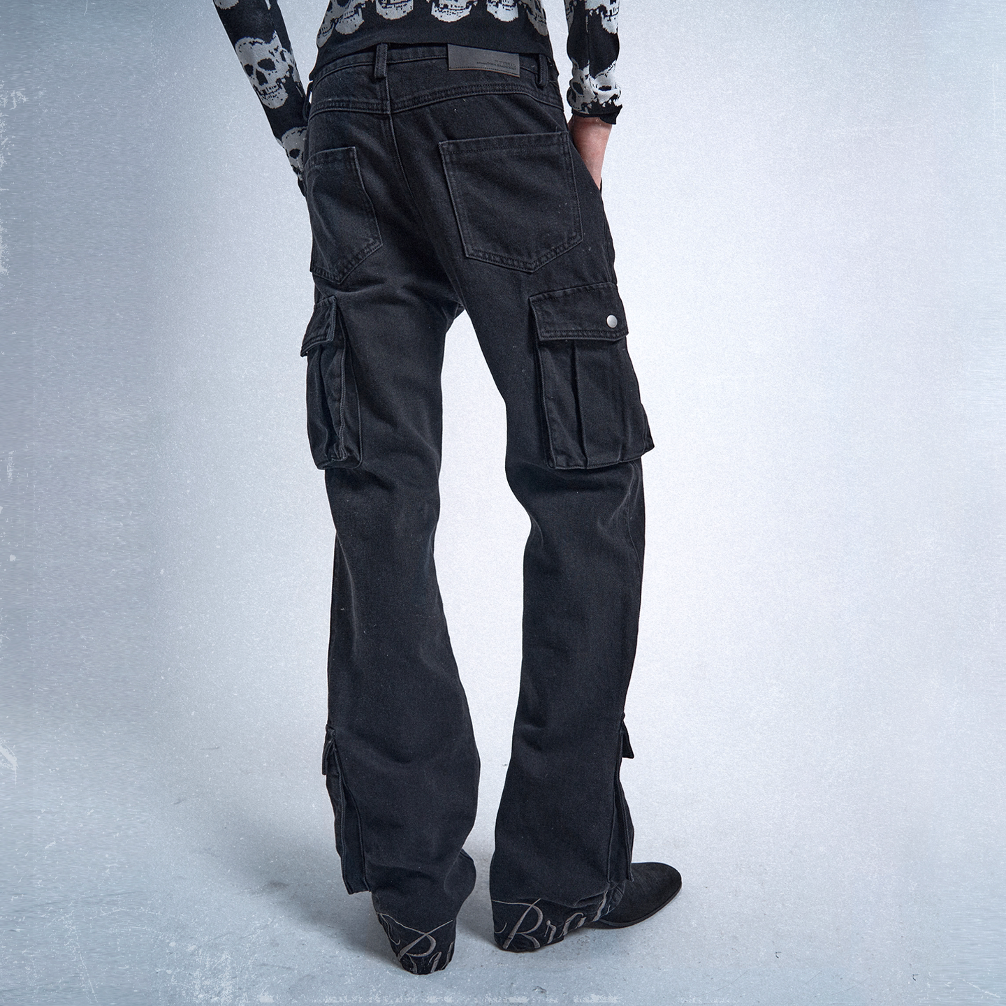 embroidered black distressed washed slim-fit bootcut denim overalls