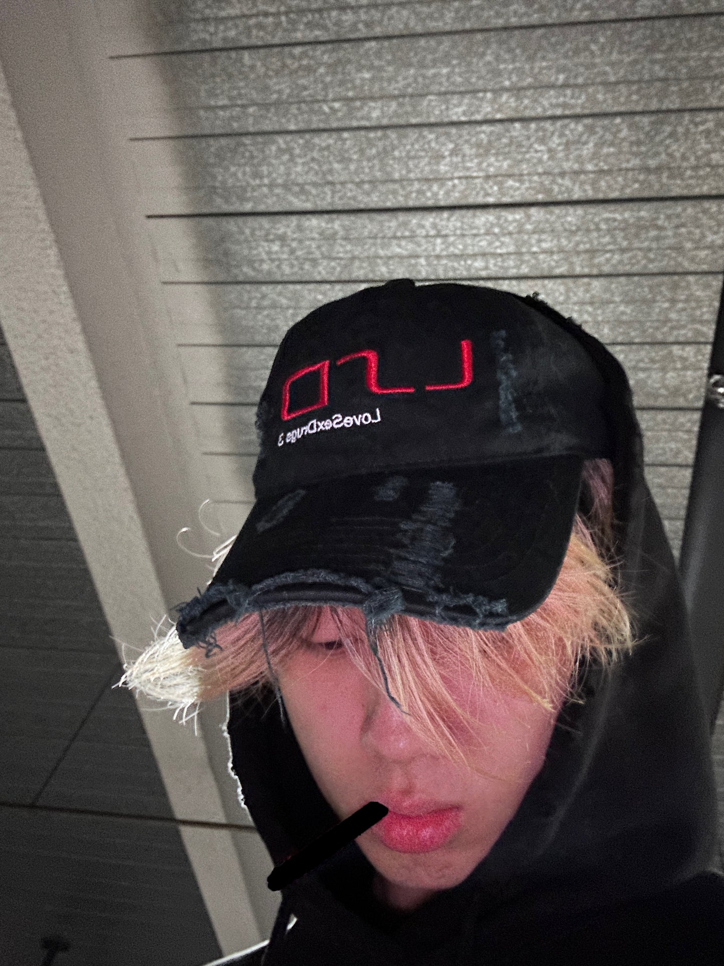DISTRESSED WASHED BLACK HEAVILY EMBROIDERED LSD CAP