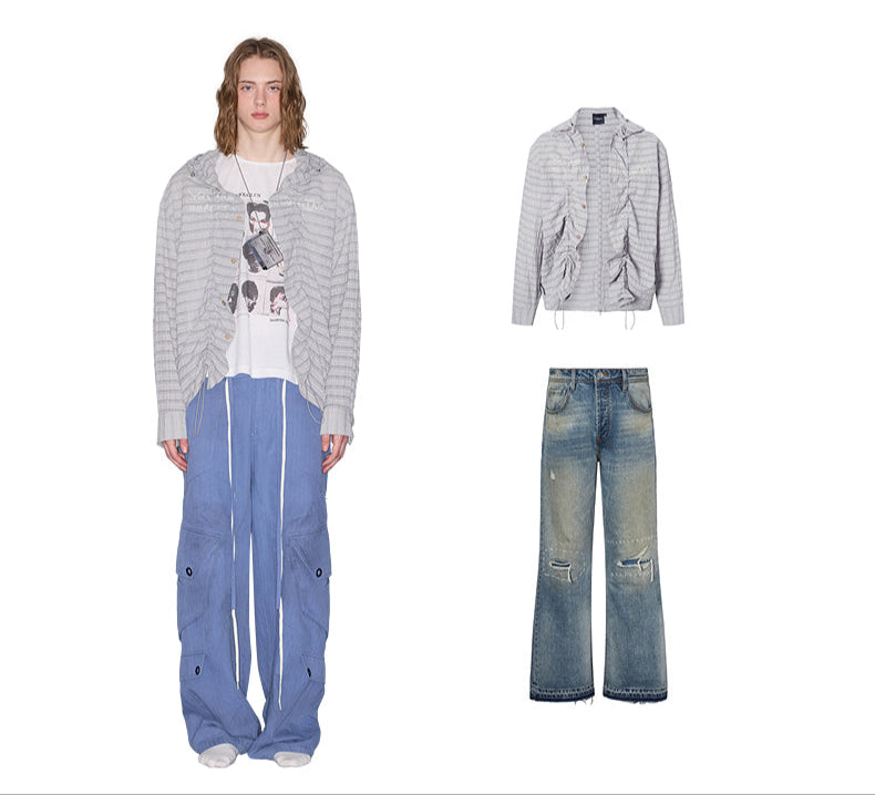 Wrinkled strip multi-form print hooded shirt