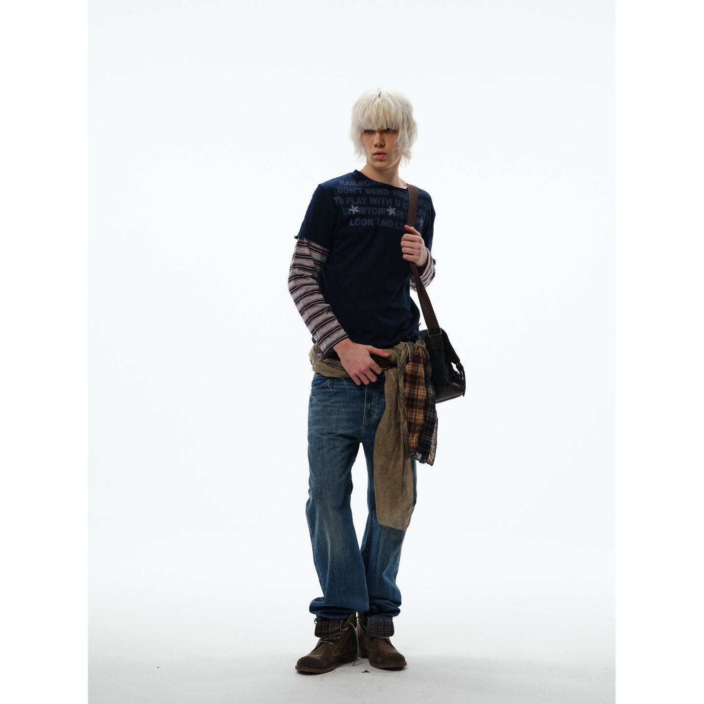 Stripe Stitching Fake Layered Long Sleeve T-Shirt