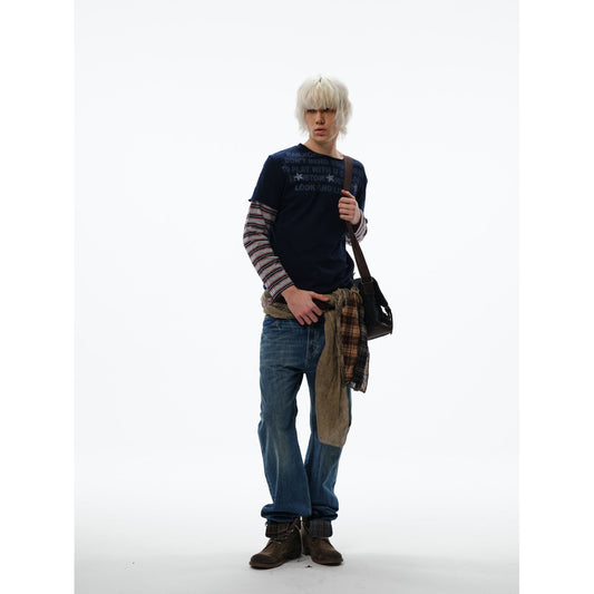 Stripe Stitching Fake Layered Long Sleeve T-Shirt