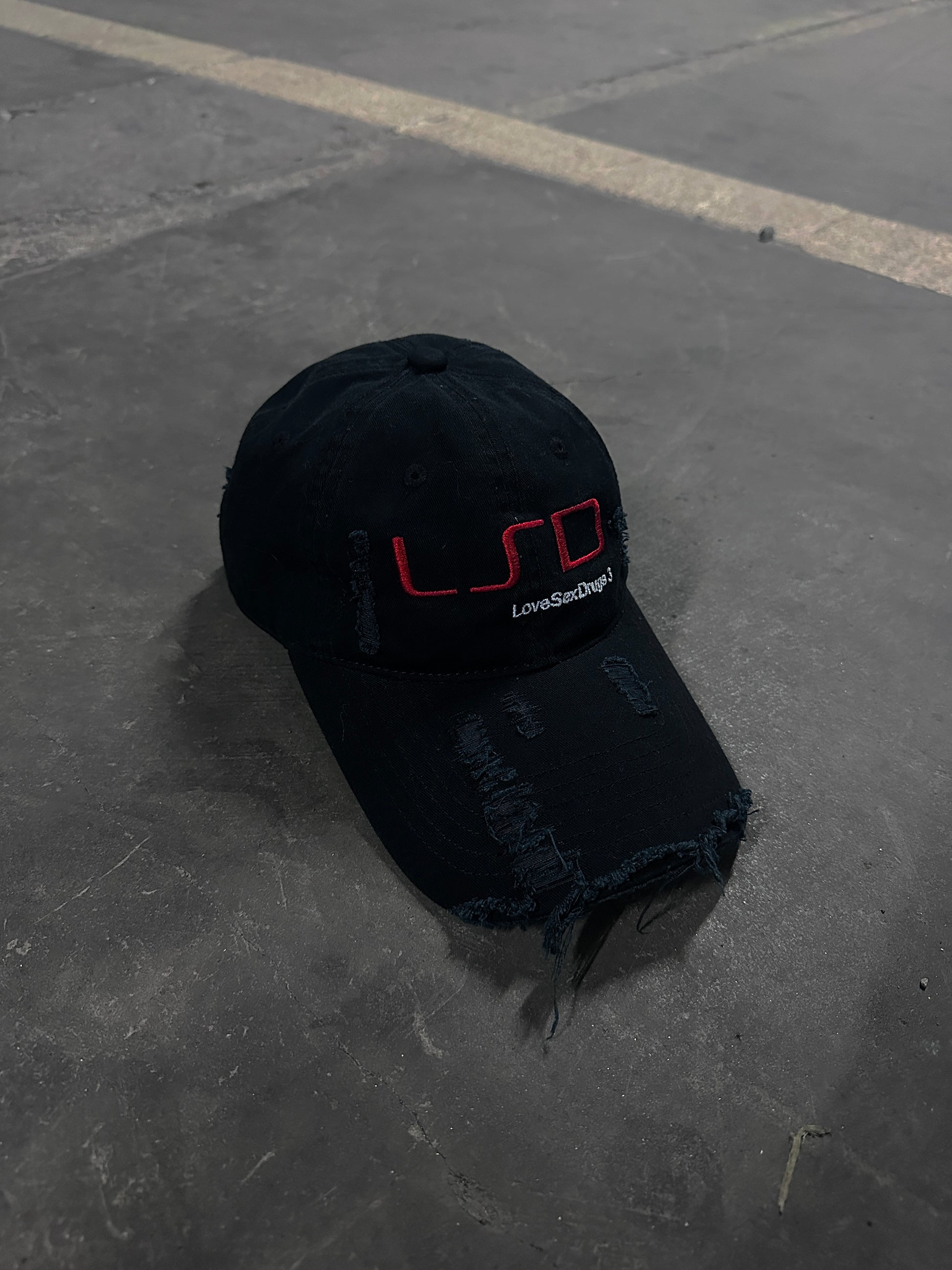 DISTRESSED WASHED BLACK HEAVILY EMBROIDERED LSD CAP