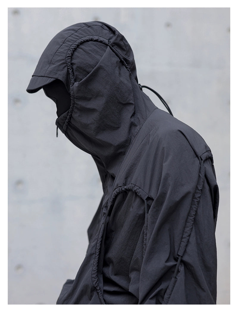 deconstructed drawstring hooded Nylon jacket